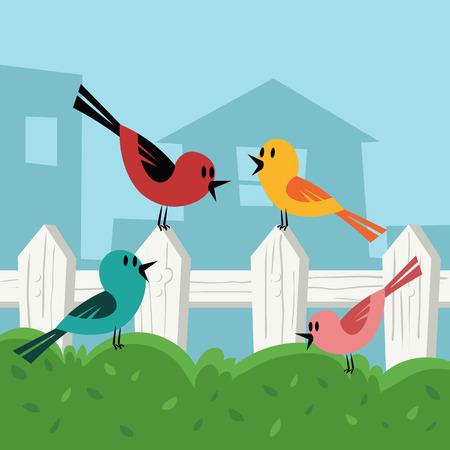 cartoon bird in backyard illustrationのイラスト素材