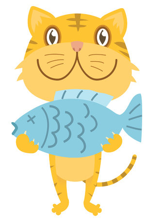 Cartoon illustration of happy kitten with fish.のイラスト素材