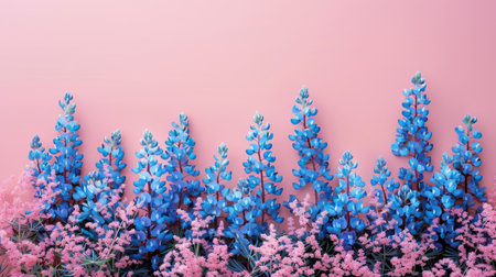 Blue lupine flowers on pastel pink background with copy spaceの素材