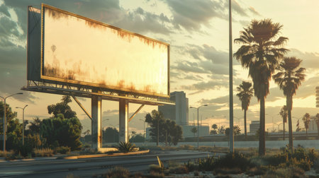 Billboard in the middle of the road with palm trees at sunsetの素材