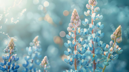 Blooming lupine flowers on a soft blue background with bokehの素材