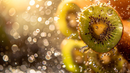 Kiwi fruit with water drops on a bokeh backgroundの素材