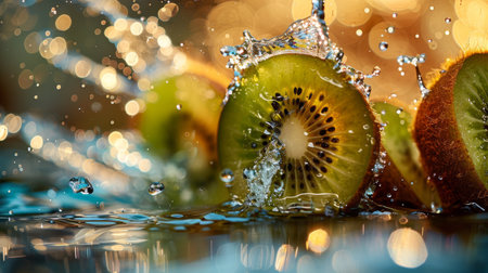 Kiwi fruit splashing in water with bokeh backgroundの素材