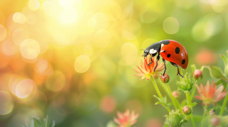 ladybug on flower with bokeh background, nature backgroundの素材