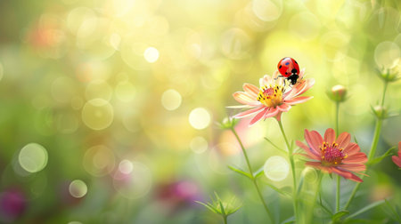 ladybug and flower in the garden with bokeh backgroundの素材