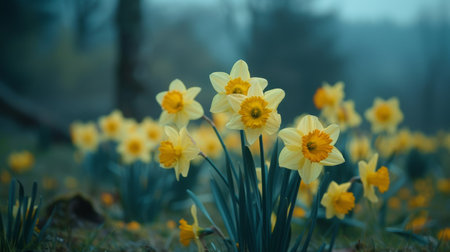 Yellow daffodils in the forest. Springtime. Selective focus.の素材