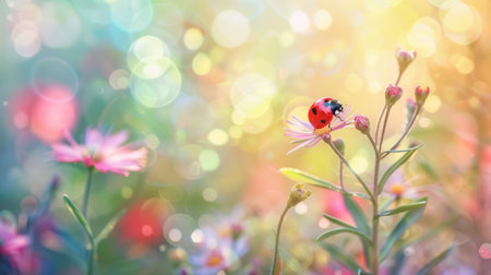 Ladybug on the flower with bokeh background, nature backgroundの素材