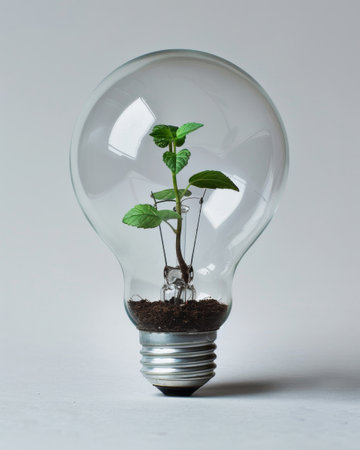 Green plant growing inside of light bulb on white background. Renewable energy concept.の素材