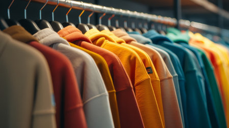 Colorful t-shirts hang on a rack in a fashion storeの素材
