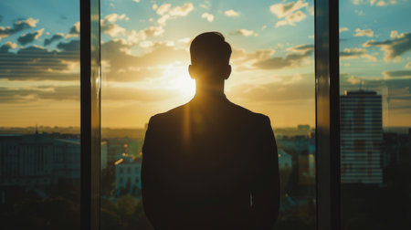 Silhouette of a businessman standing in front of a large window at sunsetの素材