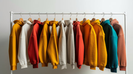 Colorful clothes on a hanger on a white wall background.の素材
