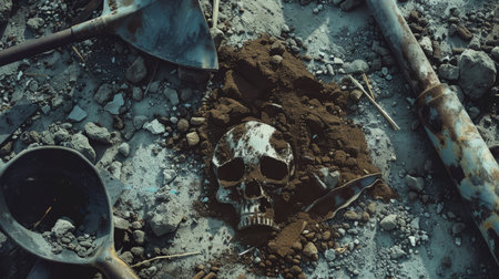 Skull and shovel on the ground with sand, top view.の素材