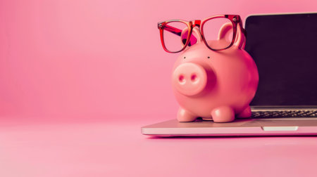 Piggy bank with eyeglasses and laptop on pink backgroundの素材