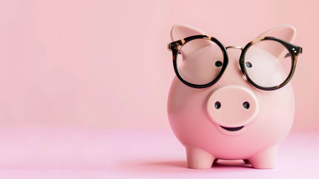 Piggy bank with glasses on pink background, saving money conceptの素材