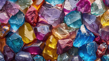 Colorful crystals in a pile as a background. Top view.の素材