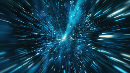 Abstract of warp or hyperspace motion in blue star trail. Starry outer space texture background. 3D renderingの素材