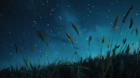 Illustration of a grass field at night with stars in the skyの素材