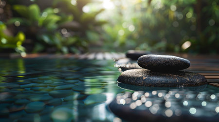 Spa stones in the swimming pool with green nature background. Zen conceptの素材