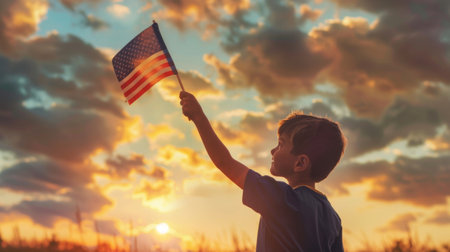 child with american flag on sunset sky background. independence day conceptの素材