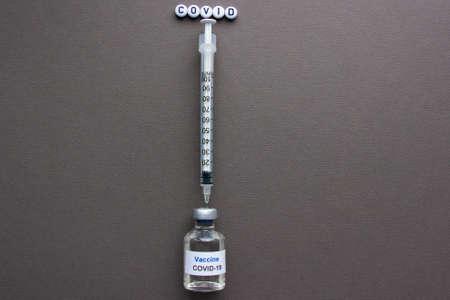 vaccine against covid-19, a syringe with a needle. Gray background. Space for textの写真素材