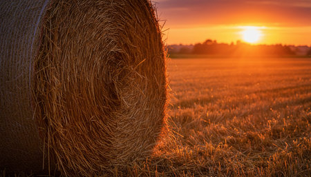Sunset over a hay bale in a countryside field, showcasing the golden hour's warm light and serene rural atmosphere.