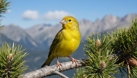 Yellow bird perched on a branch with a mountain landscape in the background