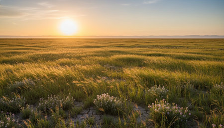 Sunset over a vast grassland with a serene and peaceful atmosphere.