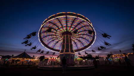 The image shows a colorful and vibrant carnival ride with people enjoying the ride at night. The ride is surrounded by other carnival attractions and is illuminated by bright lights.