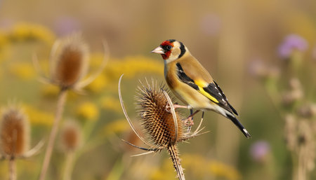 A vibrant and colorful bird perched atop a thistle in a field, showcasing the beauty of nature and the diversity of wildlife.