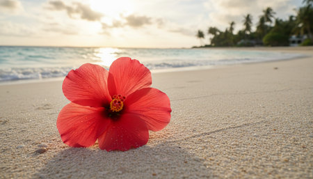 A vibrant red hibiscus flower rests on the sandy beach at sunset, embodying the essence of tropical relaxation and natural beauty.