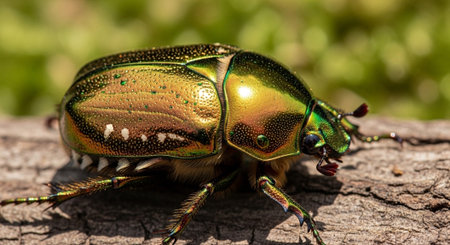 Close-up of a green iridescent beetle on a textured surface