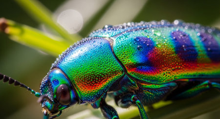 Close-up macro photography of a vibrant, iridescent beetle showcasing its colorful and intricate patterns.