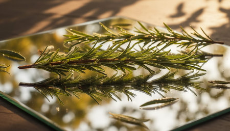 A close-up view of rosemary leaves arranged on a reflective glass surface, capturing the natural beauty and texture of the herb. The sunlight creates shadows and highlights, enhancing the visual appeal of the composition.