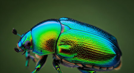 Closeup of a colorful, iridescent beetle showcasing its intricate patterns and vibrant colors.