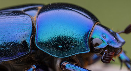 Close-up view of a beetle showcasing intricate microstructure and iridescent coloration.