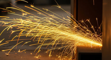 Sparks and fire from metal cutting in a workshop