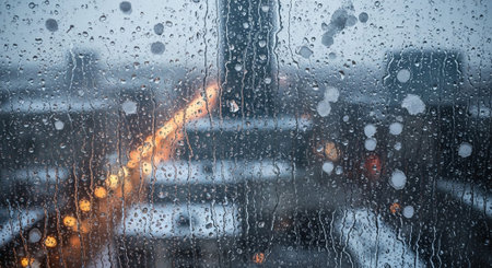 Raindrops on a window during a rainy day.