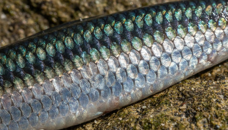 Closeup view of a fish's scales showing natural texture and pattern