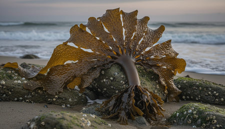 Natural seaweed washed ashore on a rocky beach at sunset