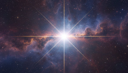 Star and galaxy background with starlight beams and nebula
