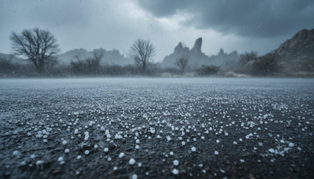 A stormy weather scene with rain falling on a wet surface, showcasing the power and beauty of nature's elements.