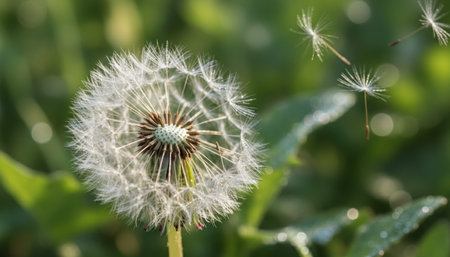 A close-up view of a dandelion flower with seeds being blown away by the wind, surrounded by green leaves.