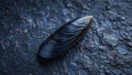 A large black mussel shell on a rough, dark surface, highlighting its natural texture and shape.