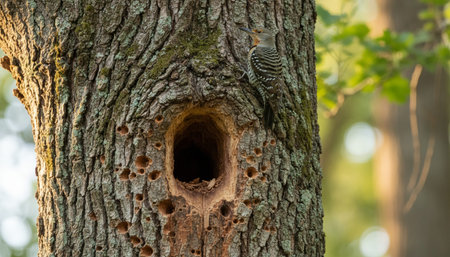 The image features a bird perched on a tree trunk with a nest-like hole, set against a natural background.