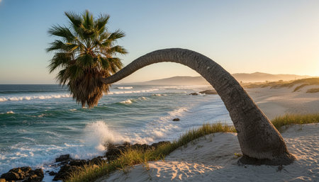 Beautiful sunset view of a palm tree bending over the ocean waves at the beach.