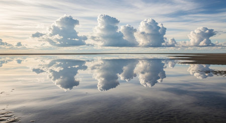 A serene reflection of clouds on a calm body of water, showcasing nature's tranquility and symmetry.