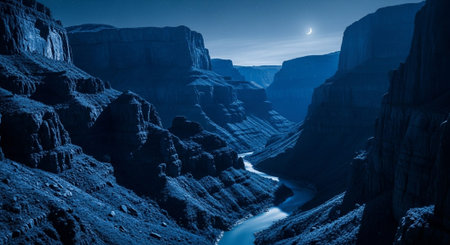 Tranquil night landscape featuring a deep canyon with a meandering river, illuminated by the soft glow of moonlight. The serene scene captures the natural beauty of the wilderness under the night sky, with shadows and reflections adding depth to the peaceful environment.