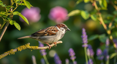 A sparrow perched on a branch in a garden setting