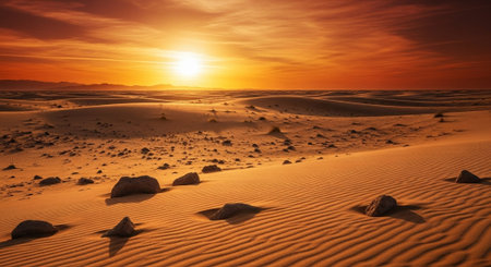 A serene sunset over a vast desert landscape, with the sun casting a warm, golden glow over the sandy horizon.