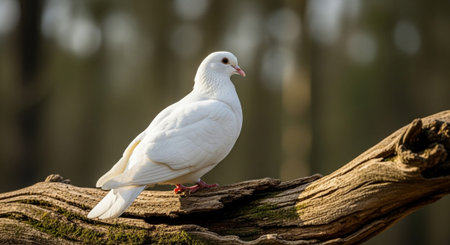 A serene white dove perched on a branch in a natural outdoor setting, embodying purity and tranquility.
